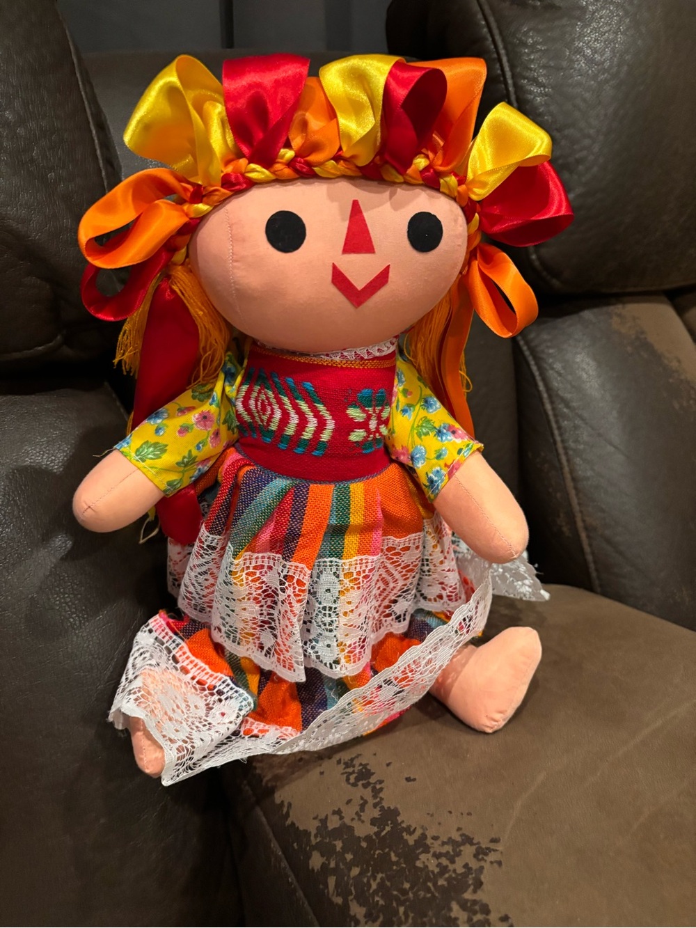 Colorful Mexican-Style Folk Doll with Ribbon Headdress